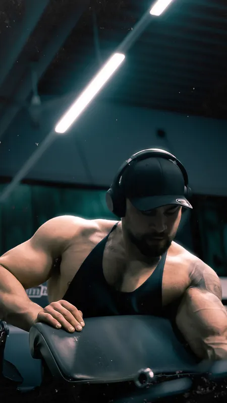 Bodybuilder mit Kopfhörern im Gym